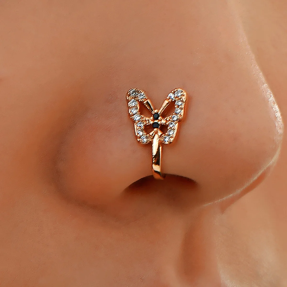 Karat Gold Plated Nose Ring Bijuteria Non-Piercing U Shape Butterfly Design with Black CZ Stones for Wedding Engagement