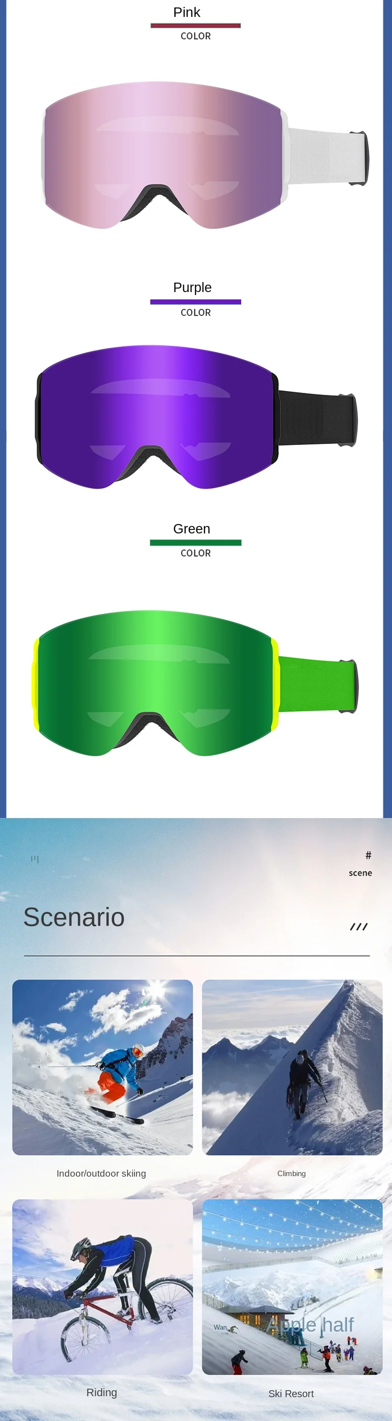 Double-Layer Magnetic Anti-Fog Ski Goggles for Outdoor and Mountaineering with Spherical Lens