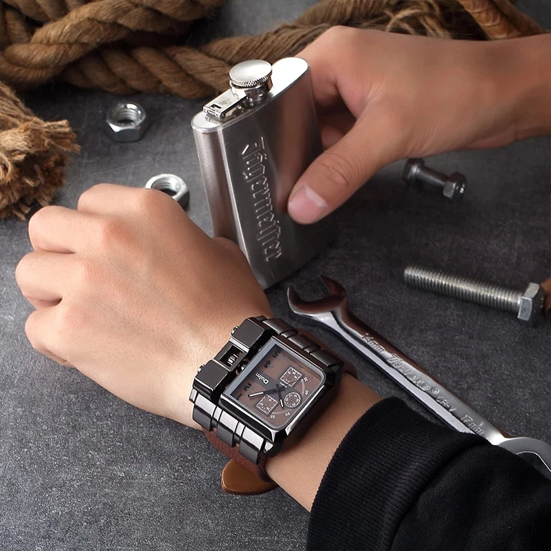 MASTOP Orologio da uomo di lusso, impermeabile, con calendario luminoso, casual, rettangolare, in pelle, al quarzo, nero e bianco, Nero e bianco, Orologi al quarzo
