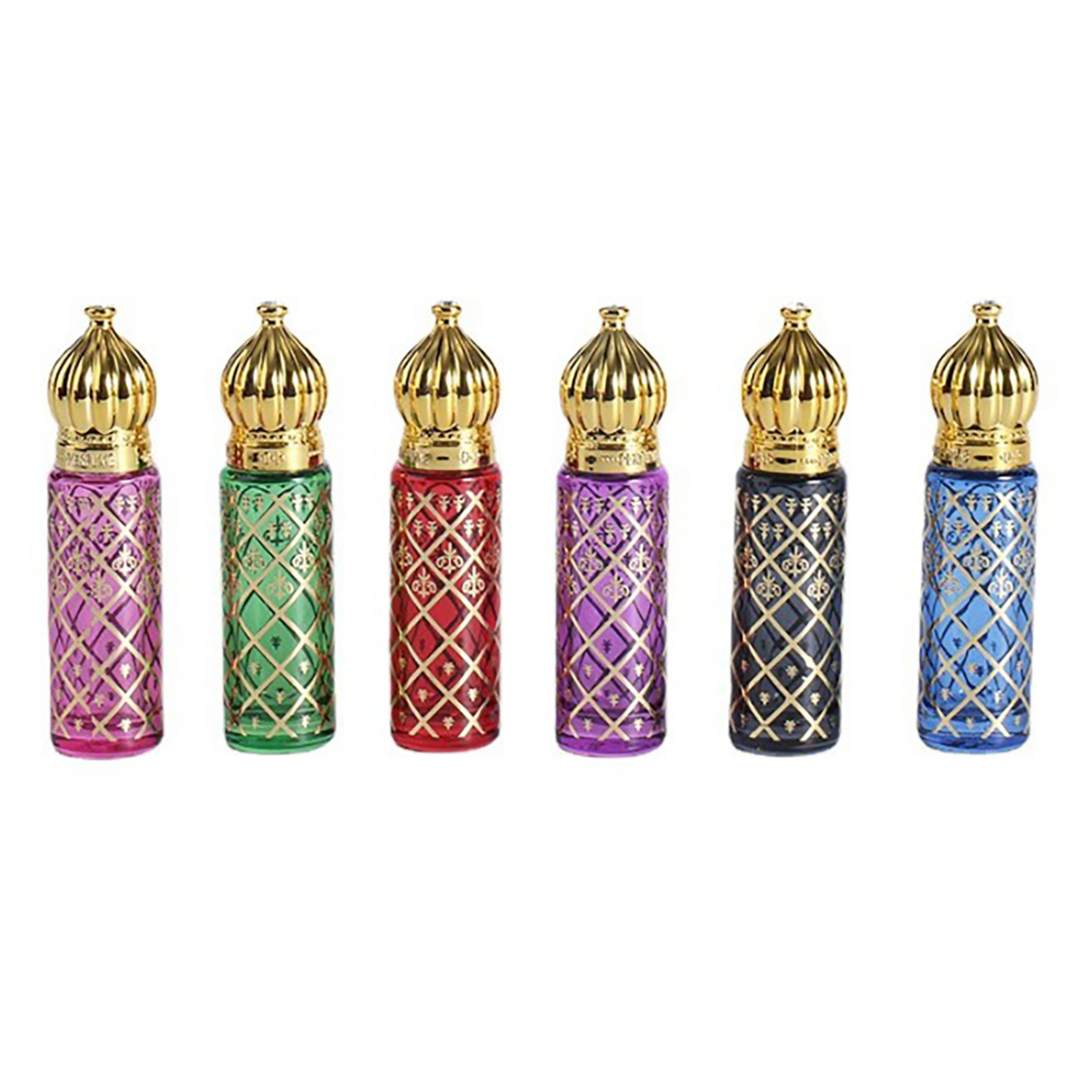 product arabia dubai wholesale 6ml cylindrical car glass perfume bottle car ornament round gold attar oud oil essential oil bottle-25