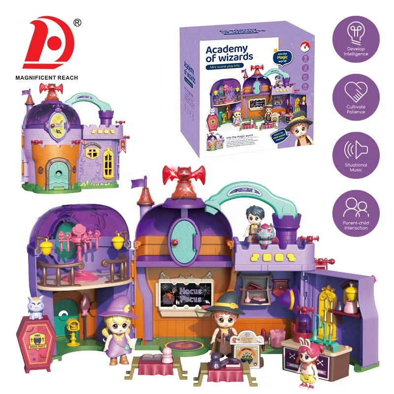 HUADA 2023 Halloween Miniature Doll Kids DIY Magic House Academy of Wizard Toy Gifts With Music