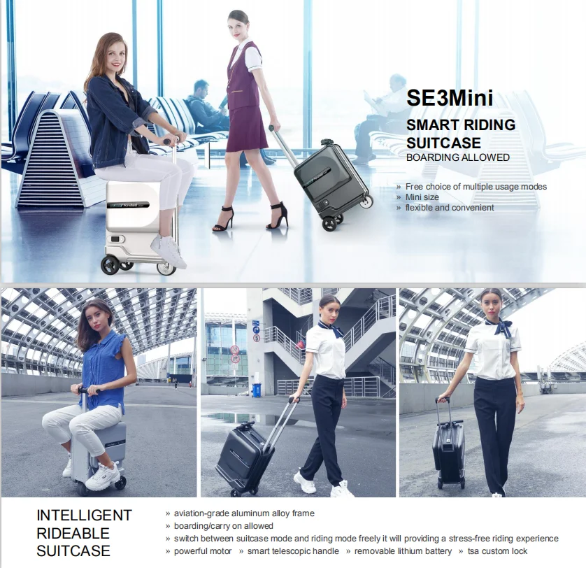 Airwheel SE3 Mini Smart Riding Suitcase showing different ways to carry it by women