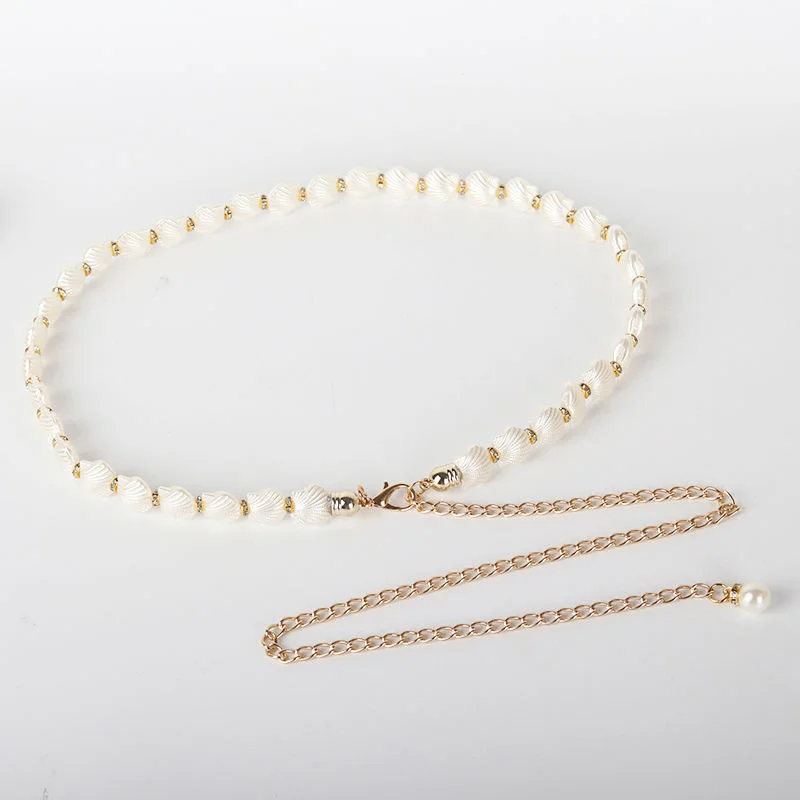 Модная цепочка из искусственных ракушек, Женский поясной ремень с бусинами, женский милый пояс с белой розой для платьев