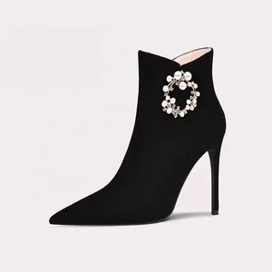 Suede Upper Black Stiletto Cusp Boots for Women Casual Social Winter Shoes with Pointed Toe Breathable Feature Autumn Heel