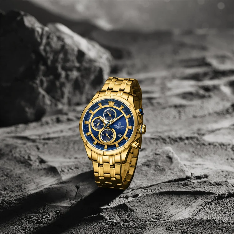 NAVIFORCE 8046 GBEG Custom Quartz Chronograph Design Wrist Watches Blue Dial with Gold Stainless Steel Band Men Watch
