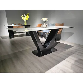 Rectangle dinning table 6 seater dining table set living room furniture luxury dining Stainless steel slate top dining table
