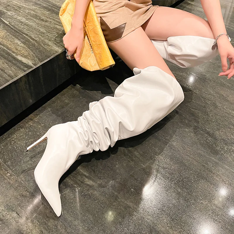 High Quality Women Wide Fit Pointed Toe Ladies Fashion Fold Over Leather Thigh High Boot - Image 6