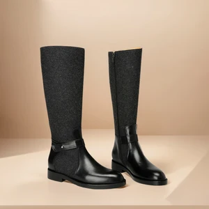 Women's Western Chunky Heel Knee-High Boots Stylish Strap Detail Waterproof Genuine Leather Comfortable for Daily Wear Trendy