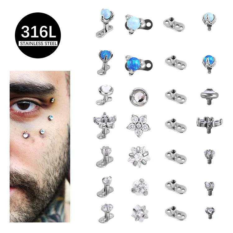 Body Piercing Internally Thread Micro Dermal Anchor Dermal Piercing With Crystal