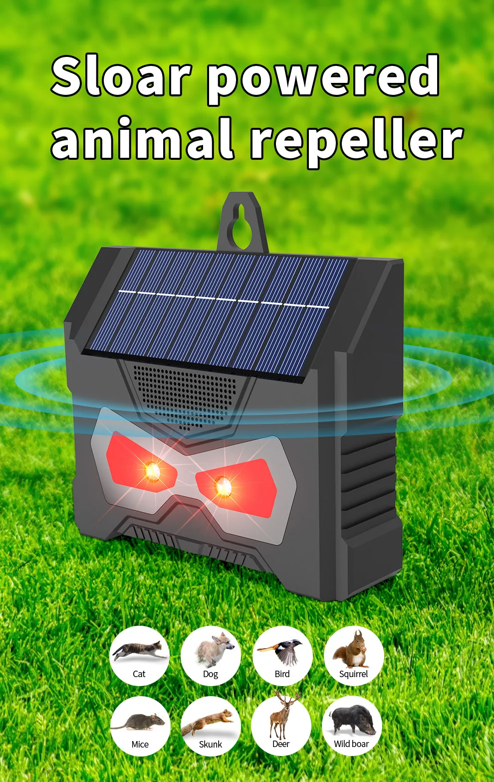 SAIJZEK New Summer Products Pest Control solar powered ultrasonic LED Eyes Light Pig Deer Cat Monkey Bird Wild Animal Repeller factory