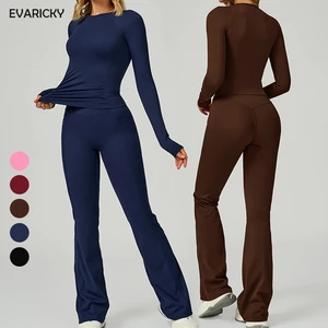 Hot Sale Running Yoga Clothing Fitness Yoga Wear 2 Piece Sports Set Long Sleeved Round Neck T Shirts Flare Leggings Workout Sets