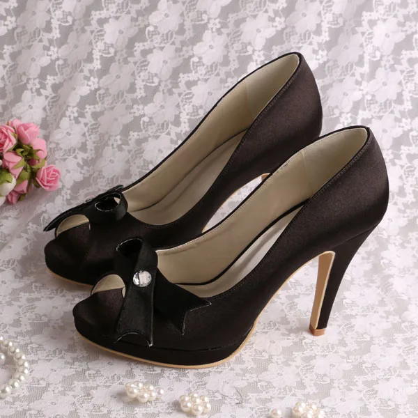 Peep Toe Black Satin High Heel Formal 