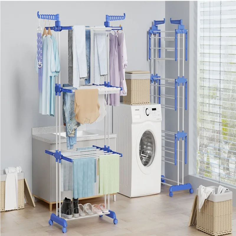 Multifunctional Floor-standing Three-layer Clothes Drying Rack Indoor Folding Floor-standing Mobile Clothes Rack