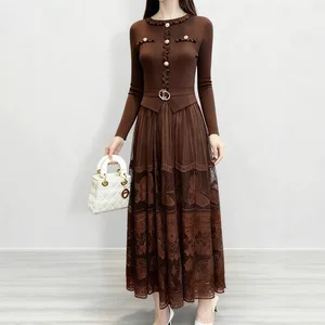 New Arrival 2025 Women's Elegant Dress with Design Long Sleeves Lace Trim Miyake Pleated Dress Polyester Free Size
