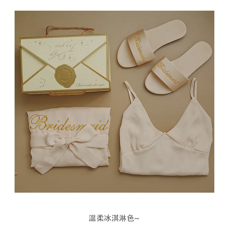 Low Moq Bulk Wholesale Custom Logo Cheap Champagne Bridesmaid Solid Silk Satin Robes For Women