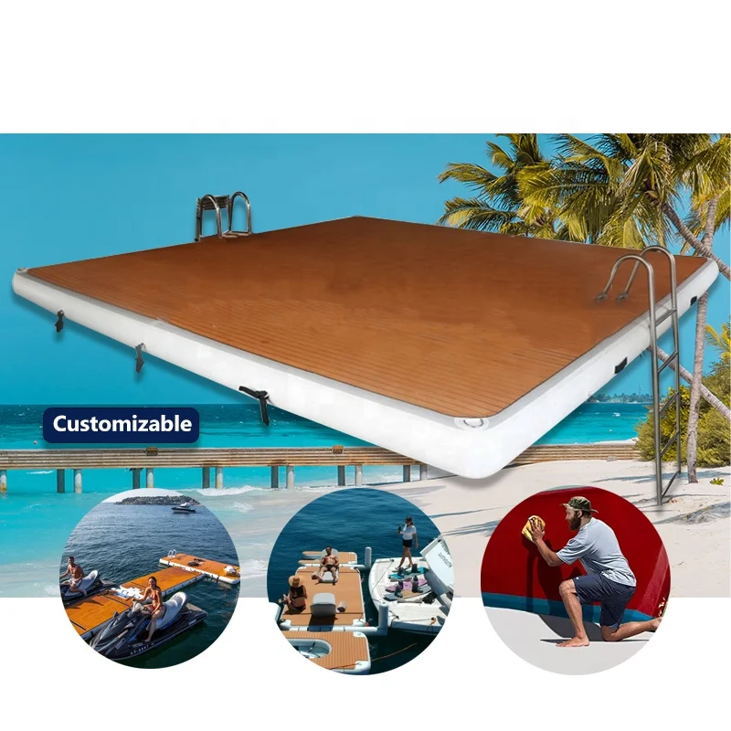 Inflatable Floating Dock Ride-ons 8/5ft Swim Platform Dock Inflatable Water Mat with Ladder&Hand Pump Electric Floating Platform