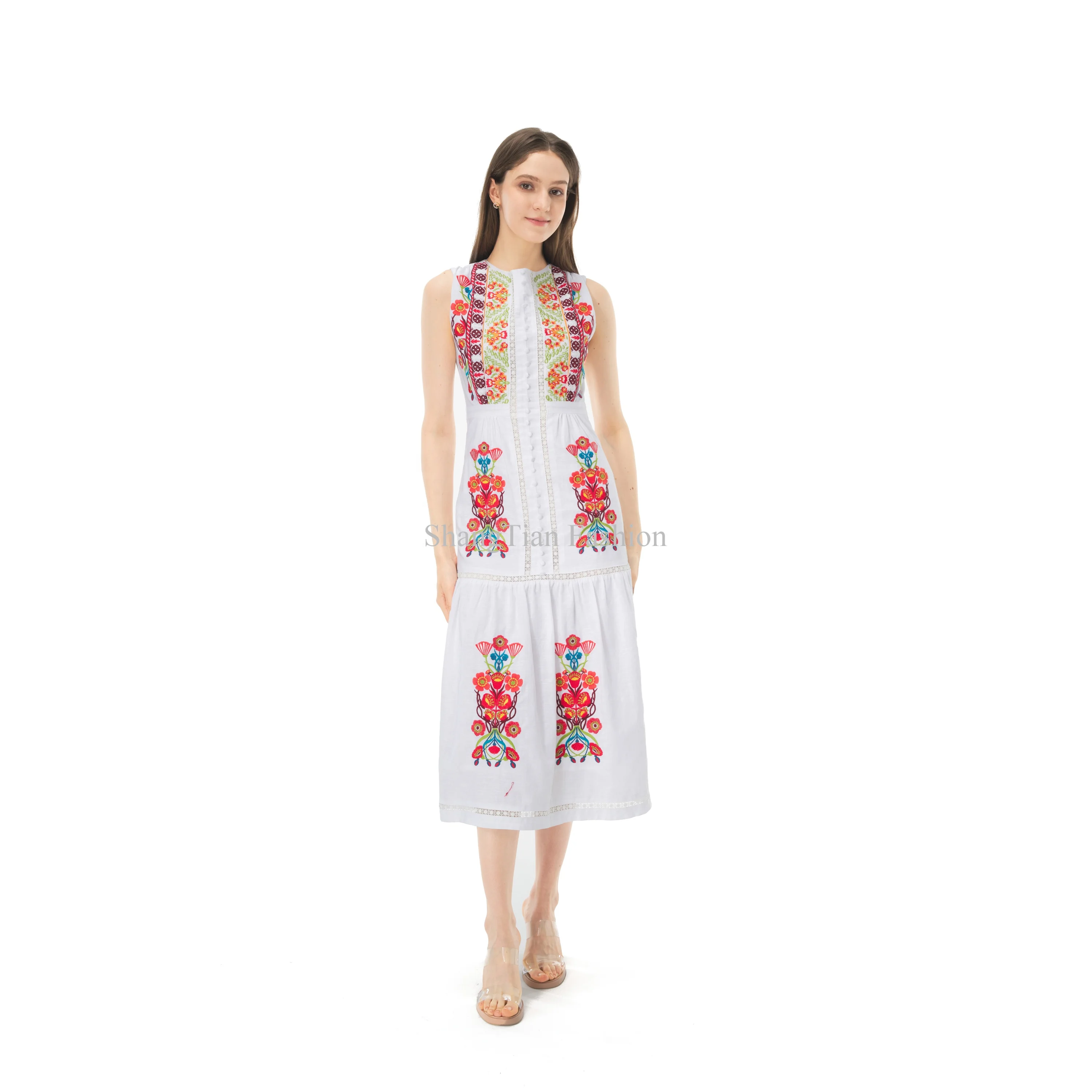 Manufacturer's Custom Floral Print Embroidered Wholesale Clothing White  Dress Ladies Fashion Sleeveless Back O-neck Lady Dresses