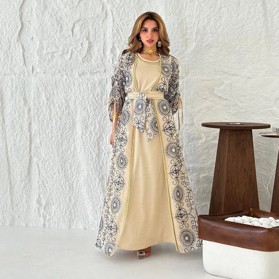 2025 Eid Ramadan Muslim Abayas for Women Dubai Party 2 Piece Sets Abaya Cardigan Robe Embroidery Lace up Dress Morocco Kaftan