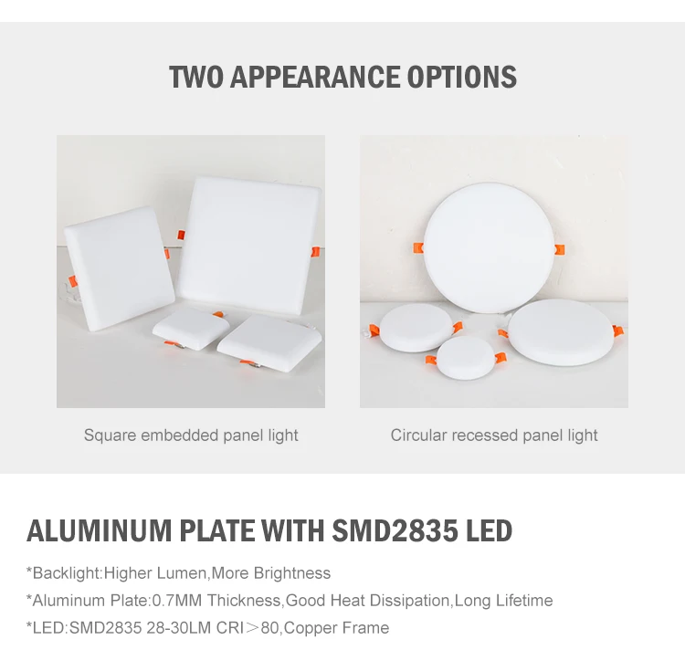 Die-casting aluminum back light panel light adjustable spring buckle cut size round & square shape frameless led panel light