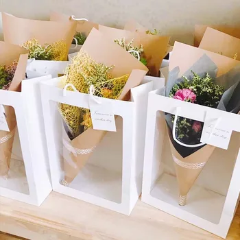 Portable Bouquet Packaging Waterproof Clear Flower Kraft Gift Paper Bag With Clear Window