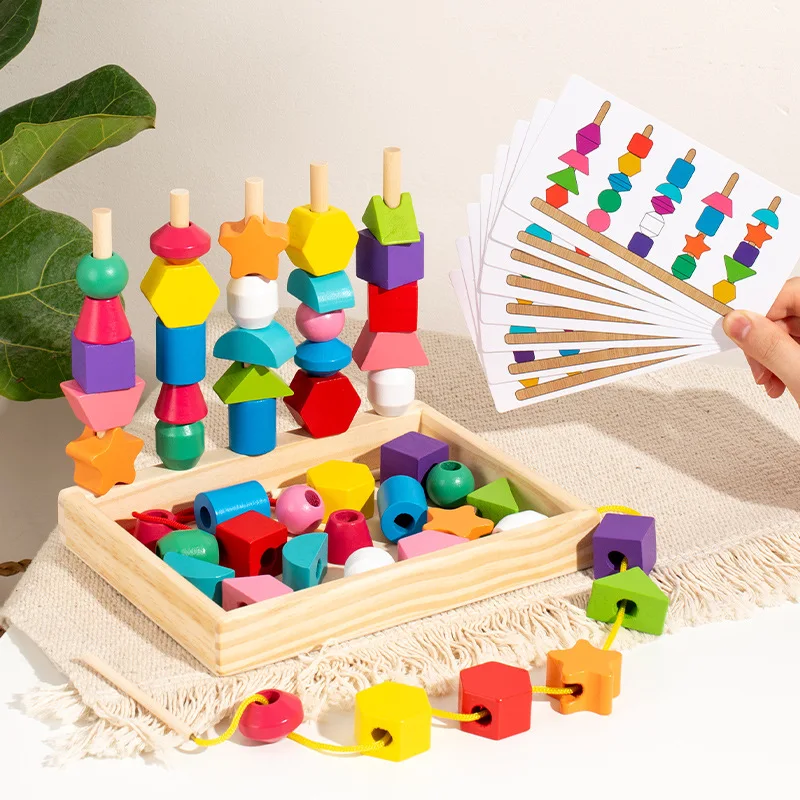 Montessori Wooden Toys Color Shape Matching Puzzle Game Colorful Beaded ...