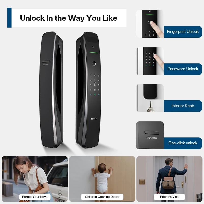 Tenon A9X Push Pull Automatic Open Smart Lock Finger Print Key Card Password Wifi Face Scan Digital Door Lock
