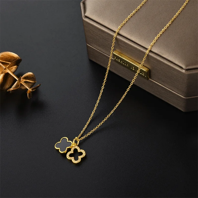 18k Gold Plated Stainless Steel Double Layer Four Leaf Clover Pendant ...