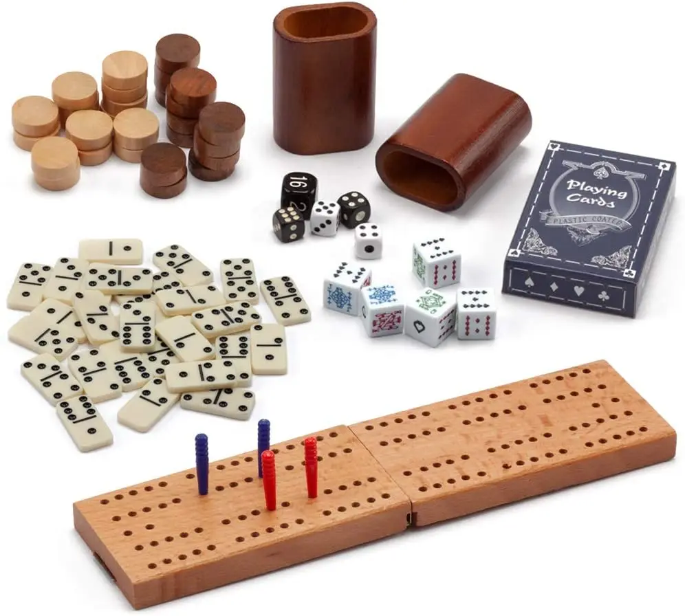 Deluxe 7 in 1 Board Game Set Poker Dices and Cribbage Playing Cards Checkers Chess Set Dominoes Backgammon 