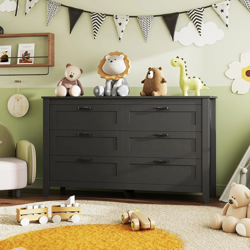 product nu deco modern black wood dresser with 6 drawers and metal handles large chest of drawers for bedroom storage-7