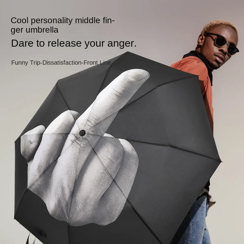 Creative Distinctive Three-Fold Silver Glue Manual Sun Middle Finger Umbrella Stock Folding Travel Classic Design Funny Pattern