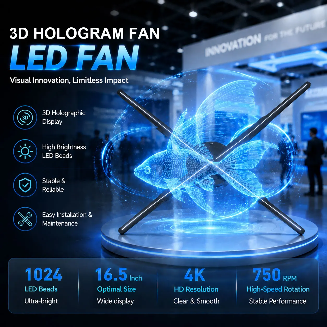 3Dホログラムファン 65cm アプリ制御 LEDプロジェクター 展示会用 動画