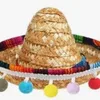 Gorro con pompones de colores y cordón blanco para la barbilla.