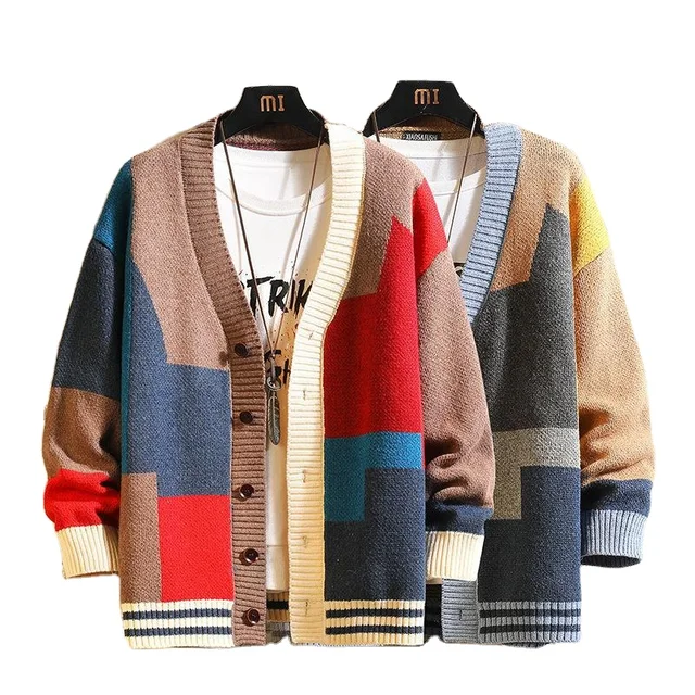 Men's Large Spring Autumn Cardigan Sweater V-Neck Knitted Port Wind Spliced Anti-Shrink Anti-Wrinkle Breathable New Color