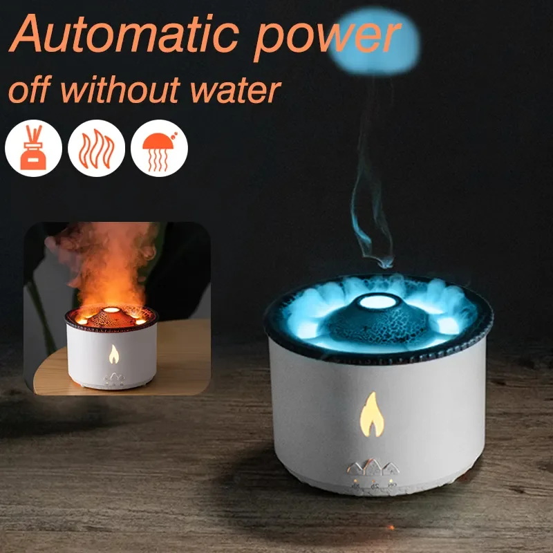 Simulation 3D Fire Flame Volcano Jellyfish Spray Aroma Essential Oil Diffuser Volcanic Humidifier with 2 Color for Home Office