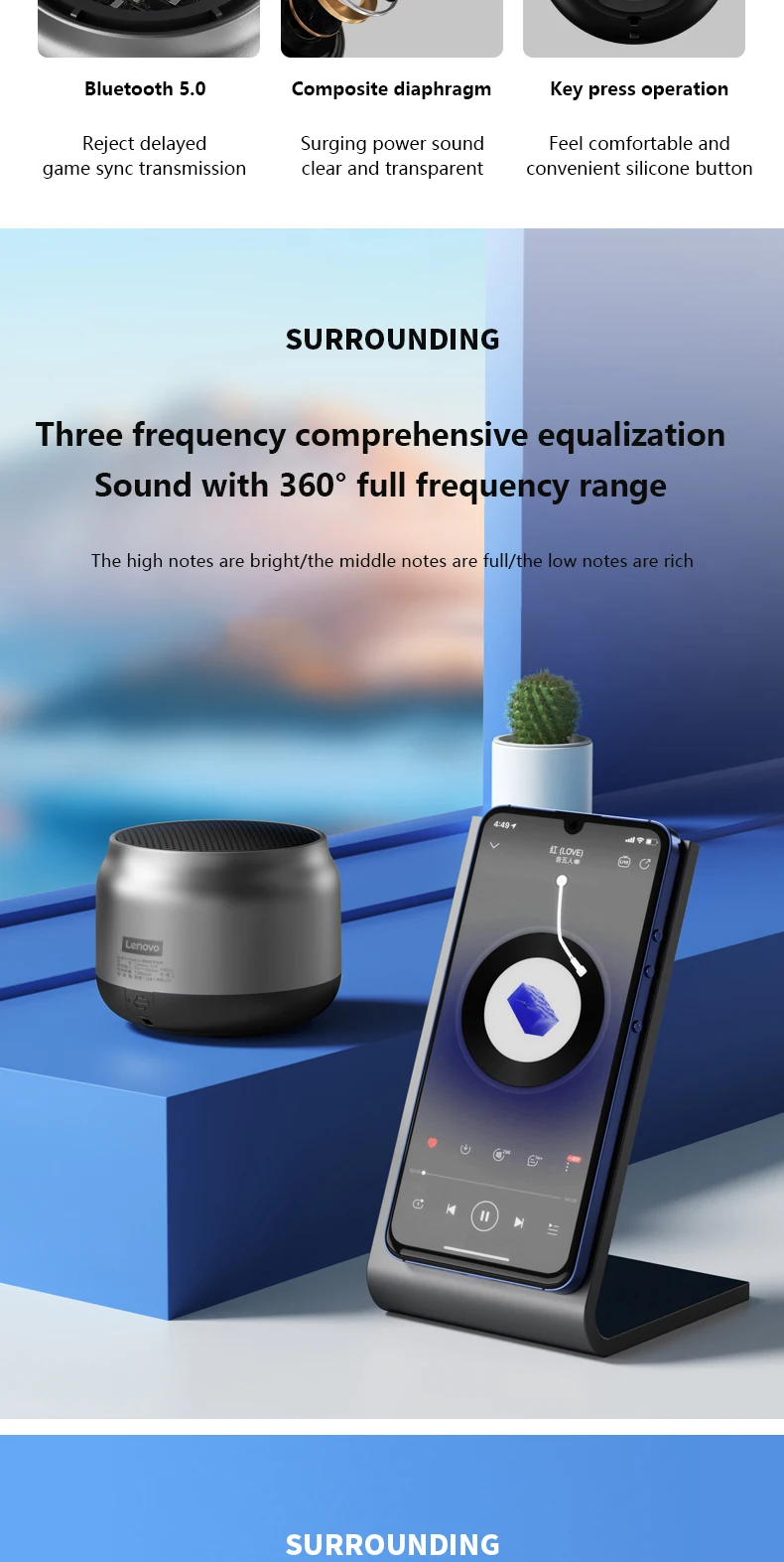 Original Lenovo K30 Wireless Bluetooth Speaker Mini Surround Stereo ...