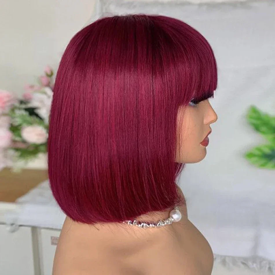 Pelucas de cabello humano brasileño liso corto de color 99J con flequillo, estilo bob, Remy, completamente hechas a máquina para mujeres, resaltado burdeos_voghion.com