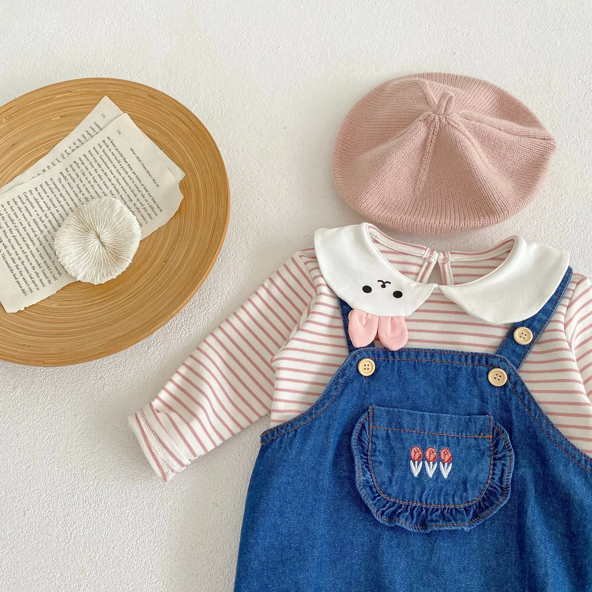 Spring Infant Rabbit Neck Stripe Top Flower Denim Romper Fashion Baby