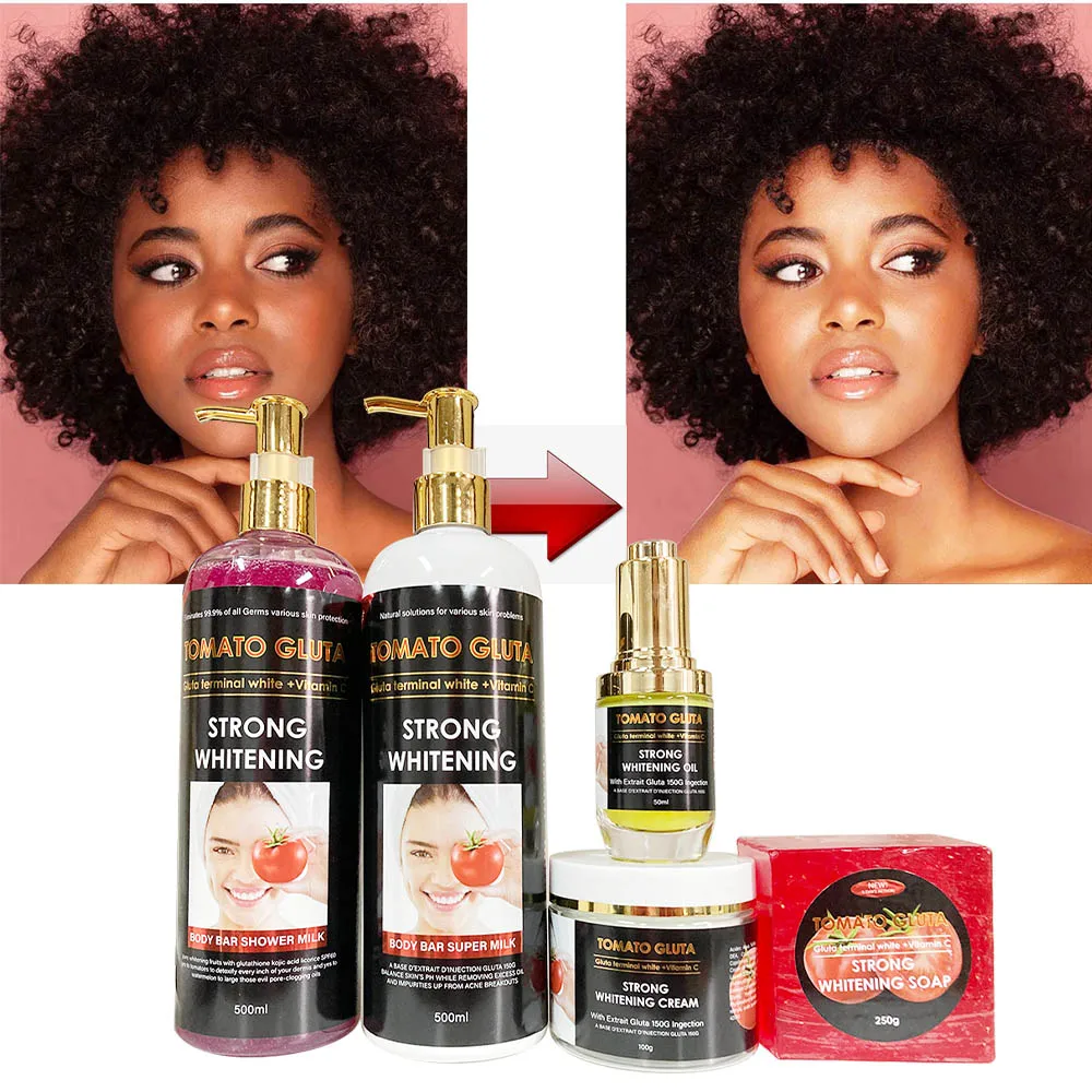 Tomato Gluta Strong Whitening Skin Care Set with Vitamin C - Brightening,  Anti-Aging Effect for Smoother Skin (500ml+500ml+50ml+250g+100g)
