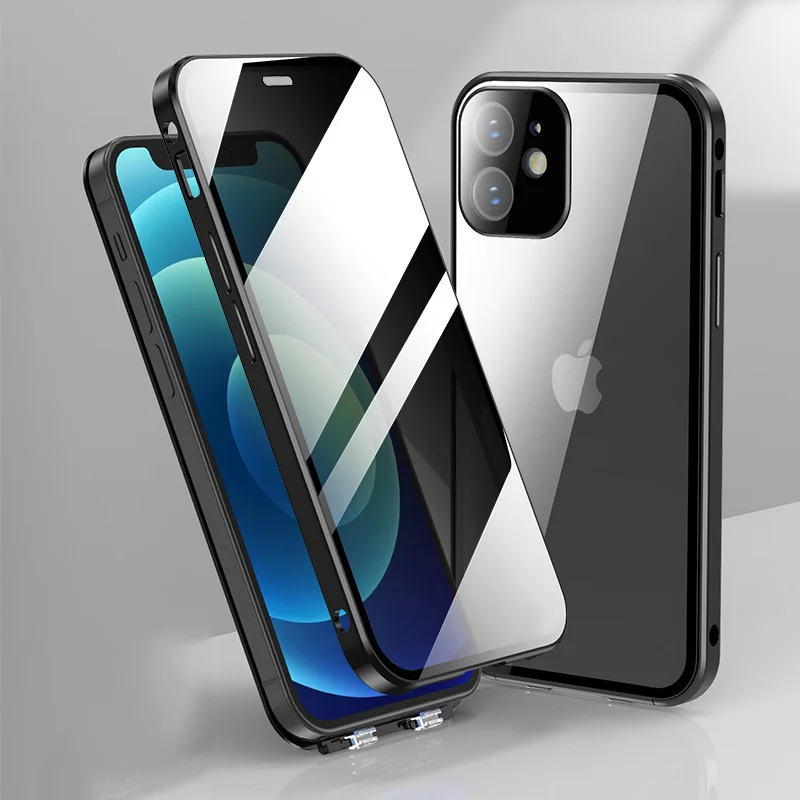 iPhone 12 Pro Case, Anti Peep Magnetic Adsorption Privacy Screen Protector Double Sided Tempered Glass Metal Bumper Frame Anti-peeping Phone Case Anti