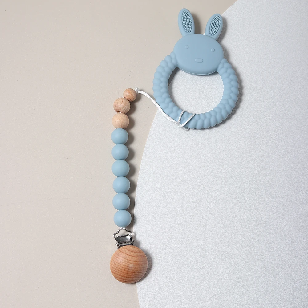 Pacifier Chain and Baby Teether Rabbit Bunny Shape Silicone Teether Teething Toy Kids Sensory Educational Toy Baby Gift Set
