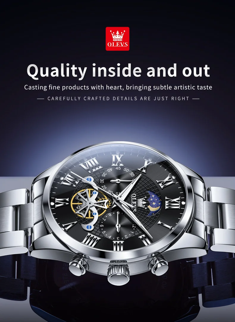 OLEVS 3640 Men's Watches TOP Brand Chronograph Moon Phase Roman Scale Stainless Steel Luminous Hands Waterproof Man Wristwatches
