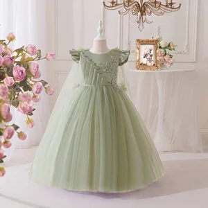 Children's Floral Shawl Ball Gown Dress Embroidery Princess Wedding Flower Girl Floor-Length Formal Dress