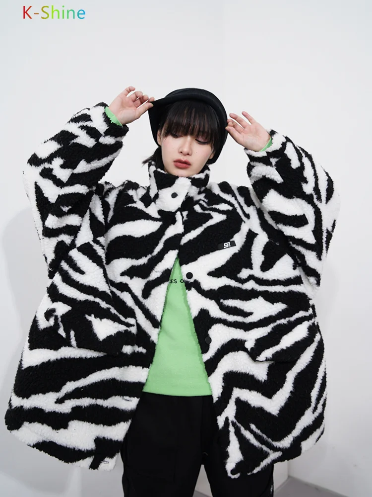 Thicken New Couples Faux Lamb Fur Jacket for Womens Winter Plush Thick  zebra Pattern Coat or Mens