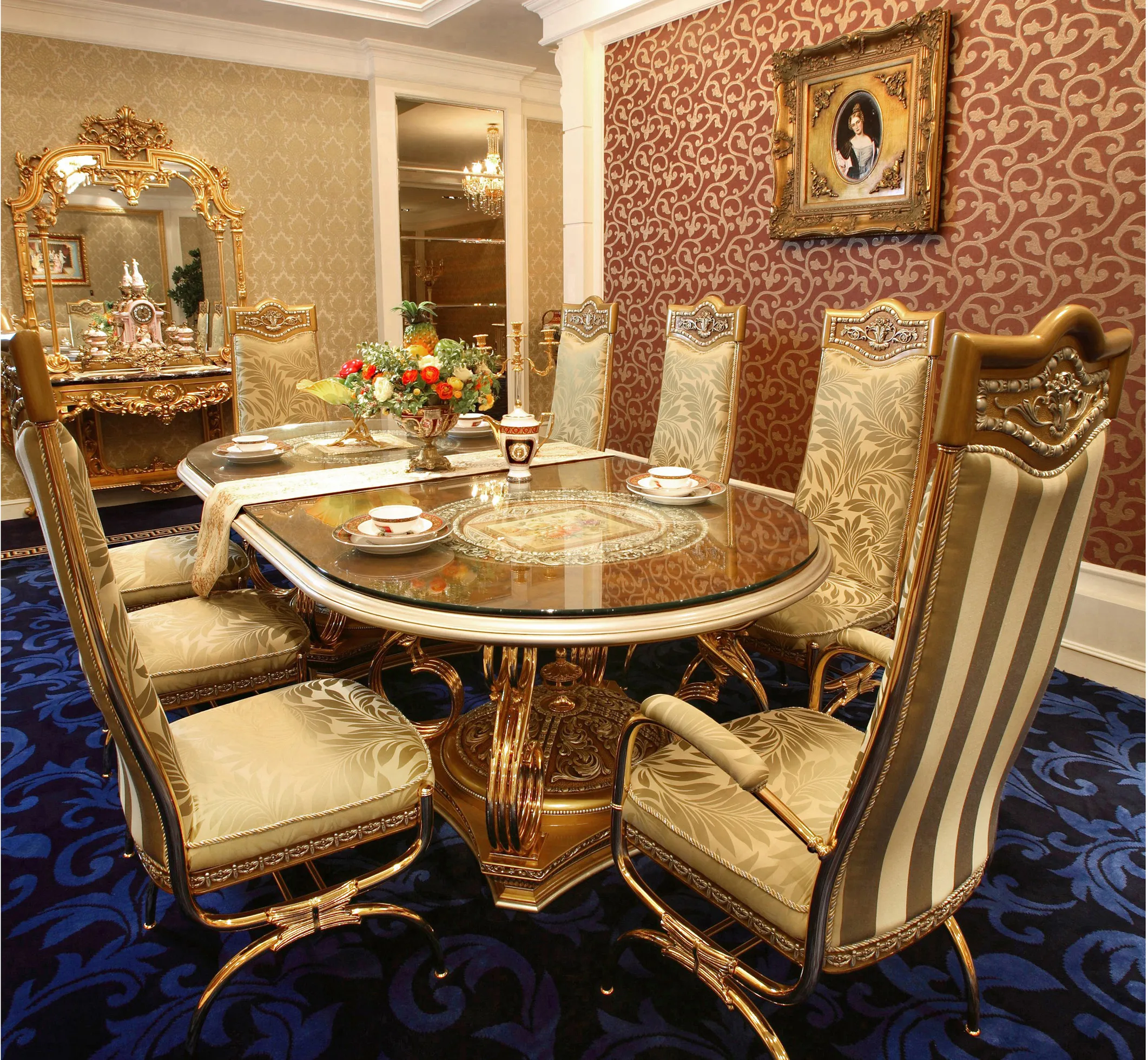 豪華なフランスロココ様式のエンジェルダイニングテーブルセット