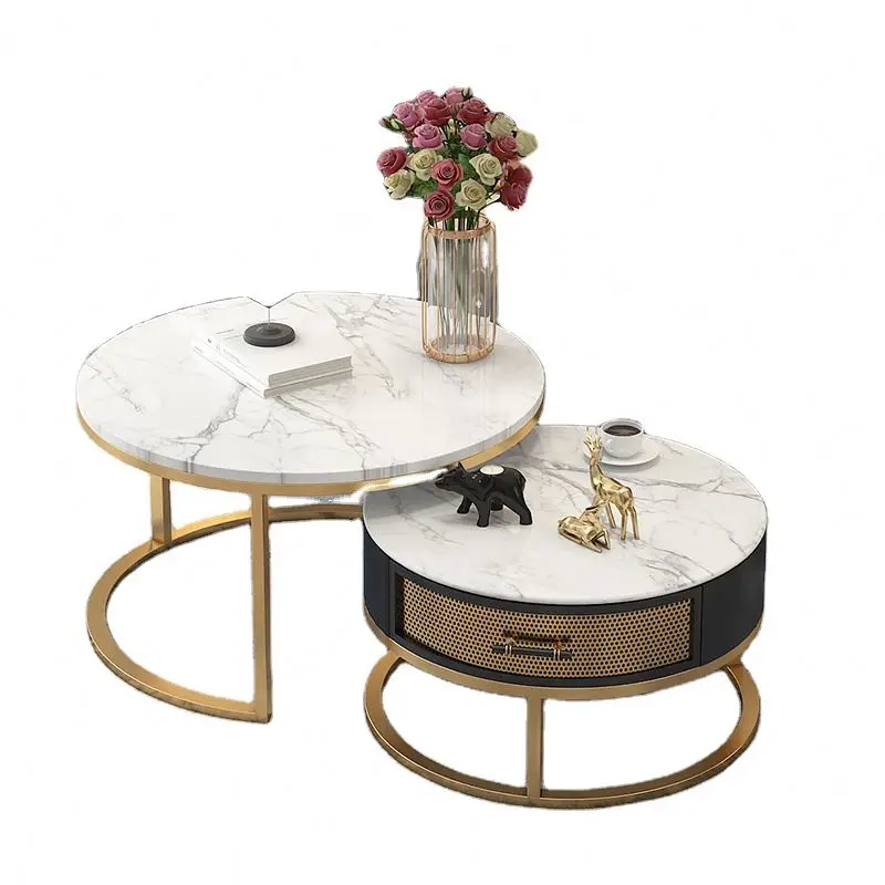 Unique Design Modern Nordic Simple Style Double Round Marble Coffee Table with Golden Metal Bracket for Living Room