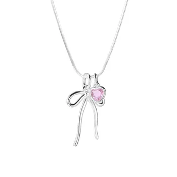 Qimei 925 Plata Jewelry Silver Plated Snake Chain Bowknot Pink Heart Shape Cubic Zirconia Pendant Necklace