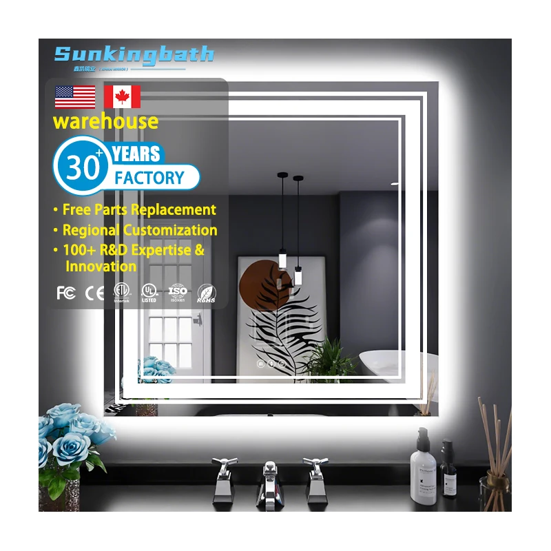 24V CE/UL  Display Dimming 3000k-6000k Led Lighted Vanity Anti Fog Square Touch Smart Bathroom Led Lighted Mirror
