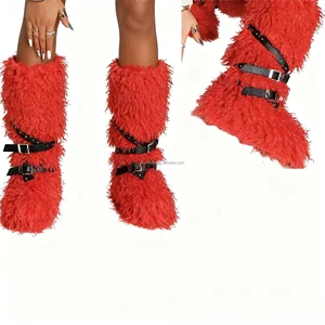 BUSY GIRL RS9251 Red Custom logo Labels for Women Boots Red Fluffy Knee High Boots for Women Buckled Plush Warm Shoes 2026