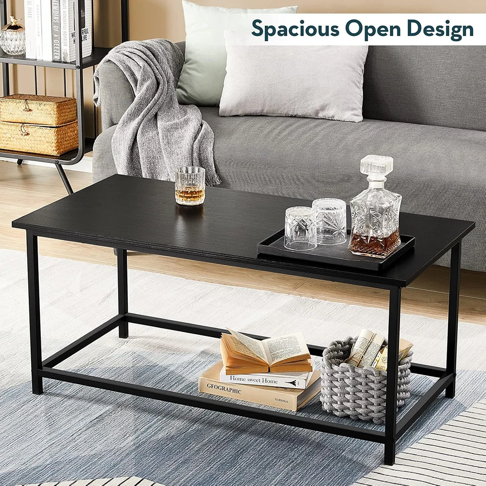 product black wooden top metal frame coffee table simple modern rectangular open space minimalist living room home office industrial-2