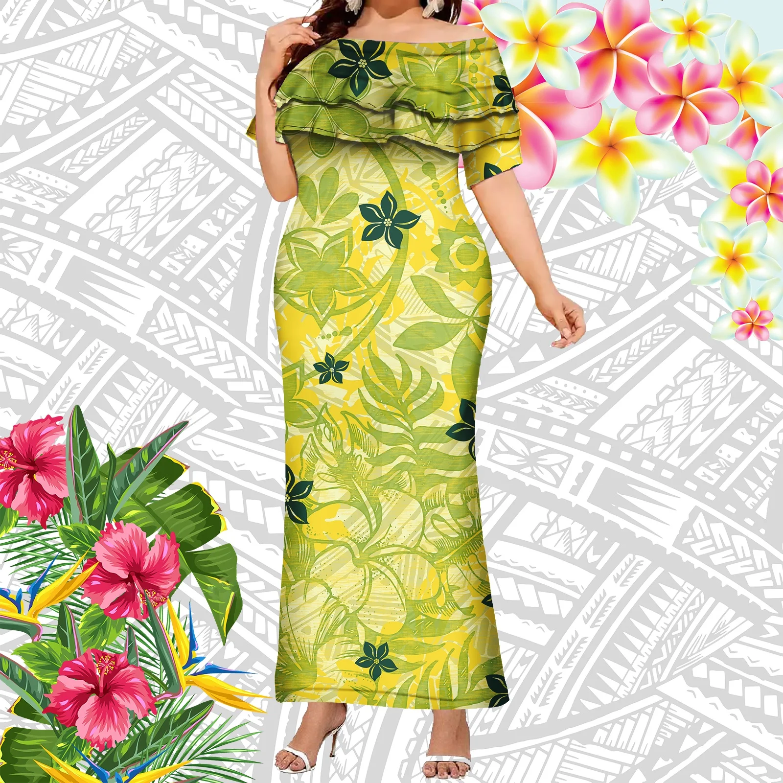 off the shoulder hawaiian dress Cloud Cream Rainbow Hawaiian Dress for All Occasions XL / Cream